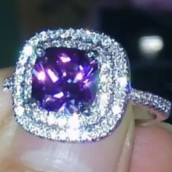 *NEW Purple Cushion Amethyst Diamond Halo Ring - Picture 1 of 7
